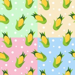 seamless pattern with yellow corn and leaves on pastel green background. vector illustration.	