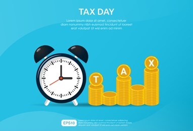 tax payment day concept. clock and money coin stack with blue background. vector illustration