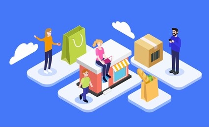 a set of isometric online shopping 2.5d illustration with people/family and icons of a shopping bag, a store and a package