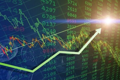 bullish - green stock exchange market times buying hours volume chart with arrow up day trade.
