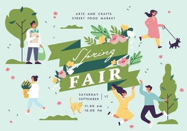 vector spring fair poster, flyer or banner or banner template with people enjoying their time outdoors in park. spring holiday season recreation and public event