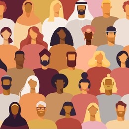 vector seamless pattern. crowd of young men and women. diverse group o  people standing together. society or population, social diversity. flat cartoon illustration.