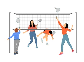 girls and boys playing badminton vector illustration isolated on white background. friends sport fun. badminton players in action. children outdoor beach activity. picnic relaxation after barbecue