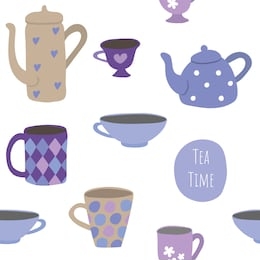 seamless vector pattern with tea cups and teapots on a white background. tea time.