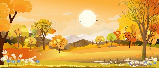 vector autumn landscape with mountain landscape of misty pine trees forest in the morning, peaceful panoramic natural in minimalist style, natural background concept