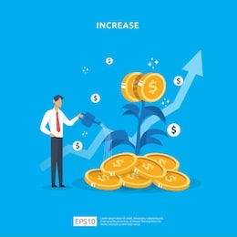 plant money coin tree growth illustration for investment concept. income salary rate increase concept with people character and dollar symbol. business profit performance of return on investment roi