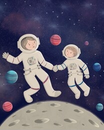 digital illustration of a mother with her son on space adventure can be used for mother’s day card and banner or to promote importance of reading for children