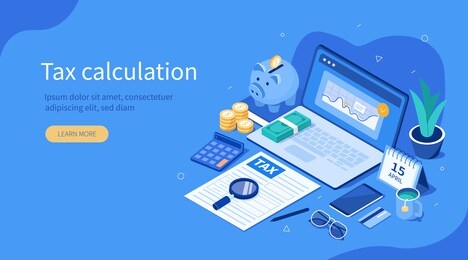 office desk with  documents for tax calculation. finance report with graph charts. calendar show tax payment date. accounting and financial management concept. flat isometric vector illustration.
