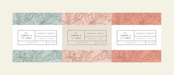 vector set pattens for cosmetics with label template design. patterns or wrapping paper for package and beauty salons. magnolia flowers. organic, natural cosmetic
