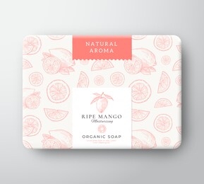 mango bath soap cardboard box. abstract vector wrapped paper container with label cover. packaging design. modern typography and hand drawn citrus background pattern layout. isolated.