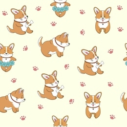 seamless pattern of cute corgi dogs. little puppies are standing, eating, dancing. isolated objects. vector cartoon illustration for print, postcard, wallpaper, textile, stickers.