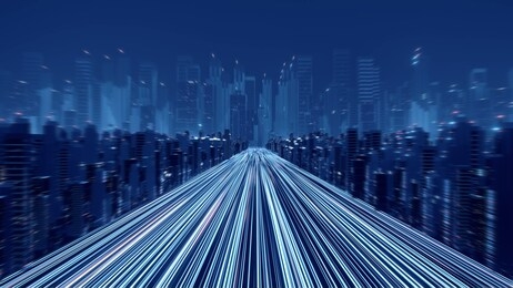 3d rendering of warp speed in hyper loop with blur light from buildings' lights in mega city at night. concept of next generation technology, fin tech, big data, 5g fast network, machine learning