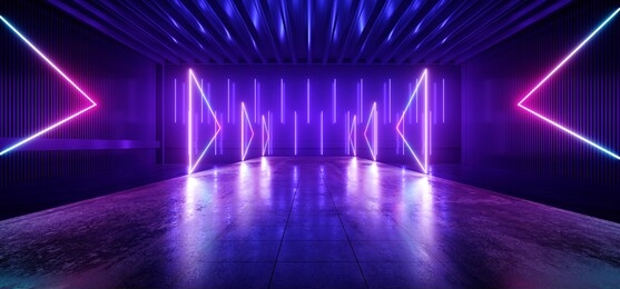 futurism sci fi modern alien neon laser vibrant purple blue pantone arrows podium stage dance fashion concrete catwalk club nigh 3d rendering illustration