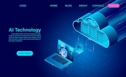 artificial intelligence robot technology. system analysis cloud technology and big data processing protecting data security concept. isometric vector neon dark