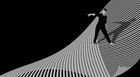 minimal people: young man standing on the net like structure. concepts of finding a solution, problem solving and challenge.