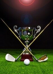 golf club with golf ball and a golf trophy on the turf