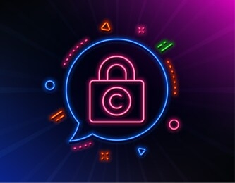 copyright locker line icon. neon laser lights. copywriting sign. private information symbol. glow laser speech bubble. neon lights chat bubble. banner badge with copyright locker icon.