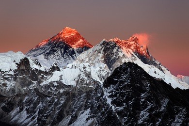 mount everest, nuptse and lhotse at sunset, from gokyo ri, nepal himalaya