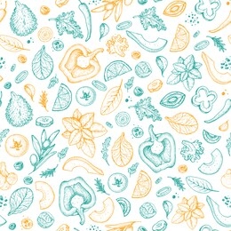 doodle vegetables seamless pattern. salad background. vegan food. hand drawn sketch. packaging design template.