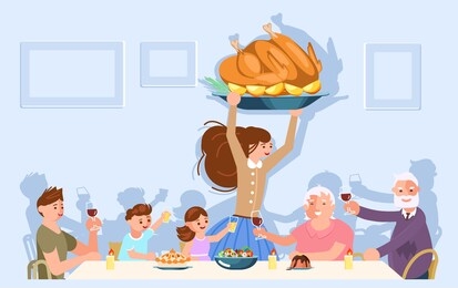 thanksgiving family dinner. happy people eat together and make conversation. grandparents, kids and dad sitting at the table. mom is serving traditional roasted turkey. flat art rastered copy