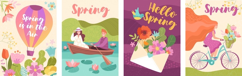 colorful collection of spring poster or card designs with a hot air balloon, couple boating, flowers in an envelope and woman with long hair cycling, vector illustration