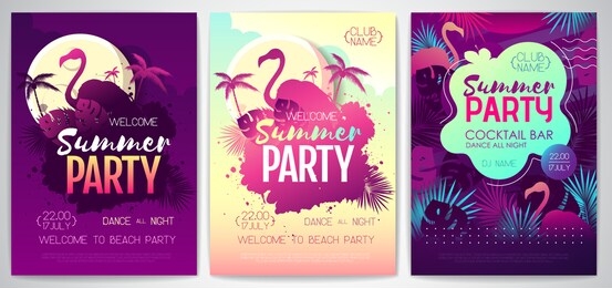 colorful summer disco party poster with fluorescent tropic leaves and flamingo. summertime beach background