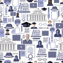 student seamless background, with students, professor, diploma, gadgets, books, globe, stationery, graduate cap. vector illustration