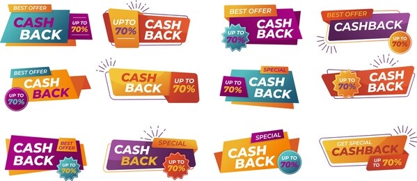 modern banner design with a set of cashback tags. illustration of money back for promotion, sales, discounts. isolated colorful sticker, cash back emblem. 