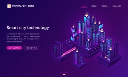 smart city technology for business and life. isometric futuristic town with skyscrapers, subway train and taxi. vector purple landing page for company website, innovation in urban infrastructure