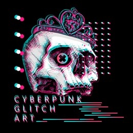 skull without lower jaw in a crown. cyberpunk glitch art. creative poster, t-shirt composition, hand drawn style print. vector illustration.