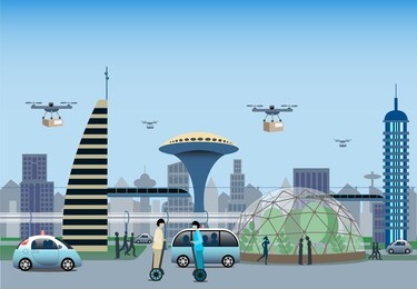 renewable electrified city transport concept in near future. driverless vehicles and drones for light deliveries. monorail trains and self-balancing electric transporter. vector illustration. 