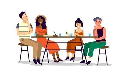 happy friend spend time together and chat. man and woman sitting together at the table, eating and chatting. isolated vector illustration in cartoon style