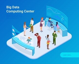 big data statistics analytics computing center isometric flat vector illustration. people standing sitting working with data on displays