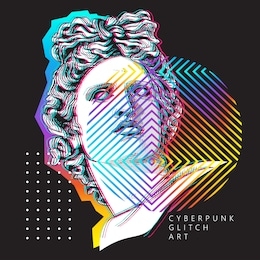 minimalistic bright colored collage. apollo plaster head statue with a geometry form. cyberpunk glitch art. creative poster, t-shirt composition, hand drawn style print. vector illustration.