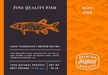 premium quality pike abstract vector packaging design or label. modern typography and hand drawn sketch fish pattern background seafood layout.