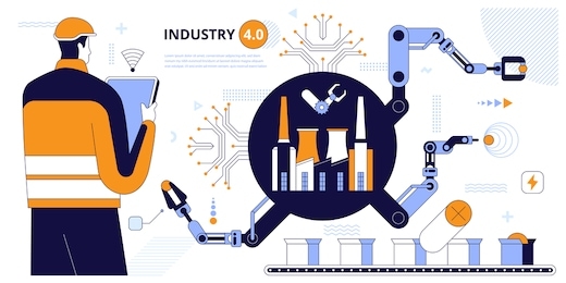 engineer using tablet to control conveyor belt and robotic arms. smart factory infographics. industrial technology, remote control. artificial intelligence, internet of things iot. vector illustration
