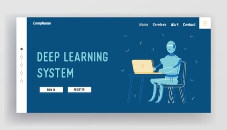 artificial intelligence service in human life landing page template. robot character sitting at desk with computer working in office. futuristic technology, automatization. linear vector illustration