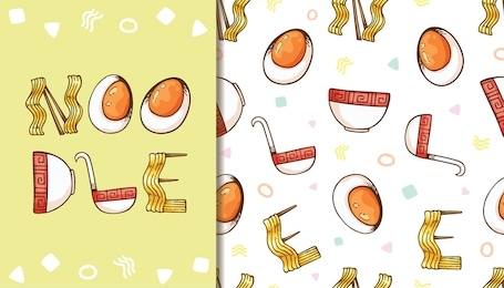seamless pattern and wallpaper template abstract cute lettering noodle food set. noodles, eggs, bowl, ladle and chopsticks object. screen wallpaper, gift wrapping pattern, element decoration, etc.