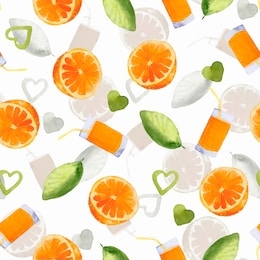 watercolor seamless pattern of hand painted cut oranges, orange juice in a glass and watercolor hearts. floral botanical illustration for design, print, textile, stationery
