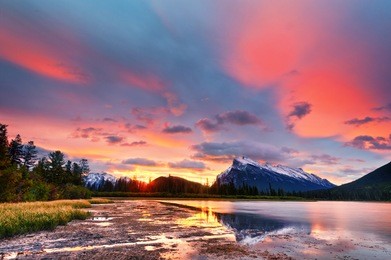 sunset sunrise above vermilion lakes, banff national park, canada
