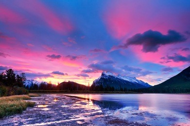 sunset sunrise above vermilion lakes, banff national park, canada