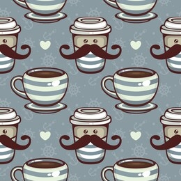 seamless vector pattern with cute coffee cups. striped mug and kawaii cup with mustache. template for logo, menu design, fabric and textile.