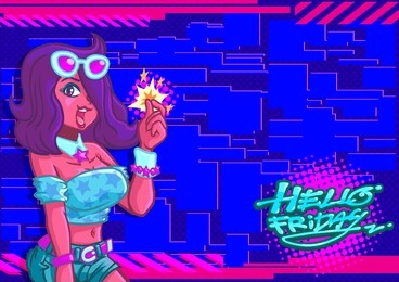 happy friday: abstract vector illustrtion.
horizontal poster size with digital graphic style backdrop, with teenage girls in front.
used for posters, banners, websites, advertising at parti