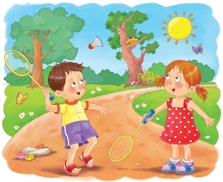 four seasons. summer. cute boy and girl are playing badminton outdoors. illustration for children. educational book. cute and funny cartoon characters