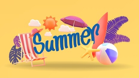 summer vector banner design.with summer font surrounded by beach elements on orange background.