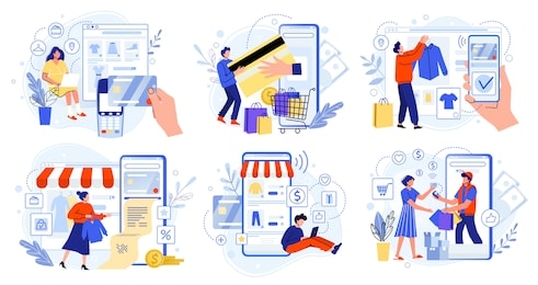 online store payment. bank credit cards, secure online payments and financial bill. smartphone wallets, digital pay technology and modern retail flat  illustration set. e-paying