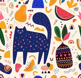 cute spring seamless pattern with cat. decorative abstract illustration with colorful doodles. hand-drawn modern illustration with cats, flowers, abstract elements