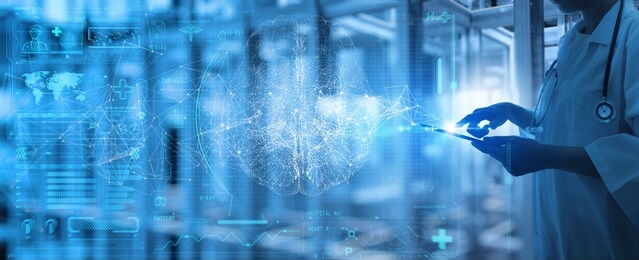 female doctor surgeon analyzing patient brain with human anatomy on technological digital tablet futuristic ui and digital holographic innovative with science and medicine concept.