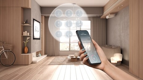 smart home technology interface on phone app, augmented reality, internet of things, interior design of living room with connected objects, woman hand holding remote control device, 3d illustration
