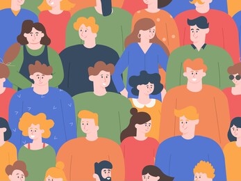 people crowd pattern. group people portraits, young men and women on public meeting or social demonstration. cute smiling friends characters, diverse person face seamless  illustration